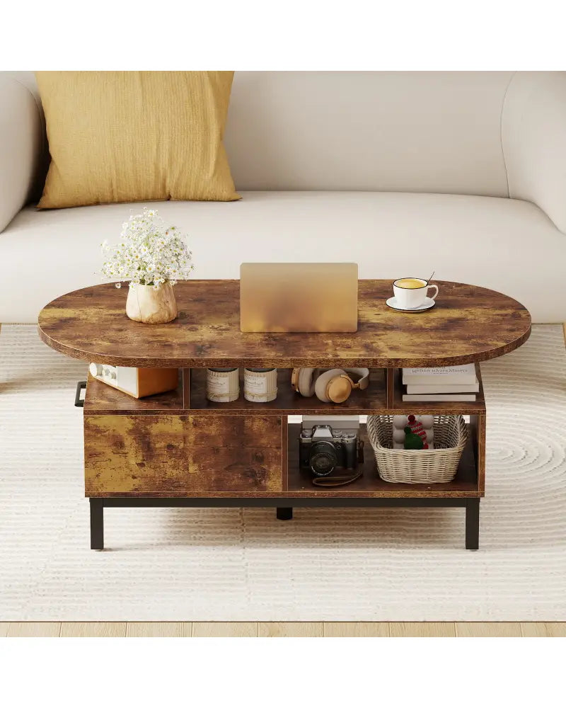47 Inch Oval Coffee Table with Storage and Open Compartments for Living Room-Rustic Brown - Rustic Brown - Coffee Tables