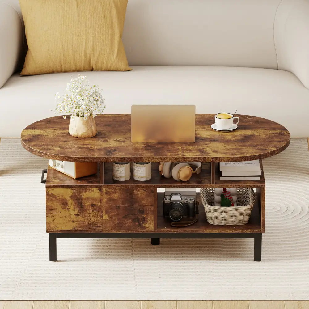 47 Inch Oval Coffee Table with Storage and Open Compartments for Living Room-Rustic Brown - Rustic Brown - Coffee Tables