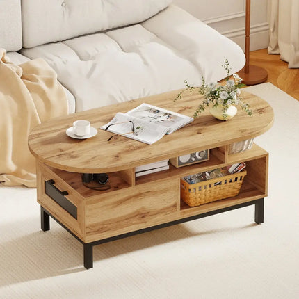 47 Inch Oval Coffee Table with Storage and Open Compartments for Living Room-Natural Costway