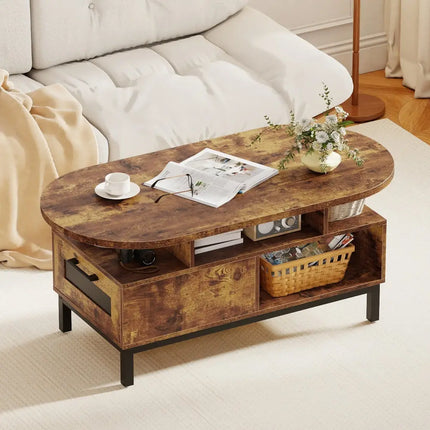 47 Inch Oval Coffee Table with Storage and Open Compartments for Living Room-Rustic Brown Costway