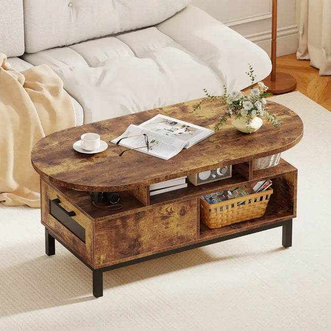 47 Inch Oval Coffee Table with Storage and Open Compartments for Living Room-Rustic Brown Costway