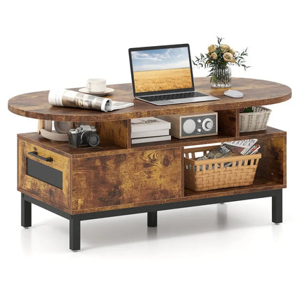 47 Inch Oval Coffee Table with Storage and Open Compartments for Living Room-Rustic Brown Costway