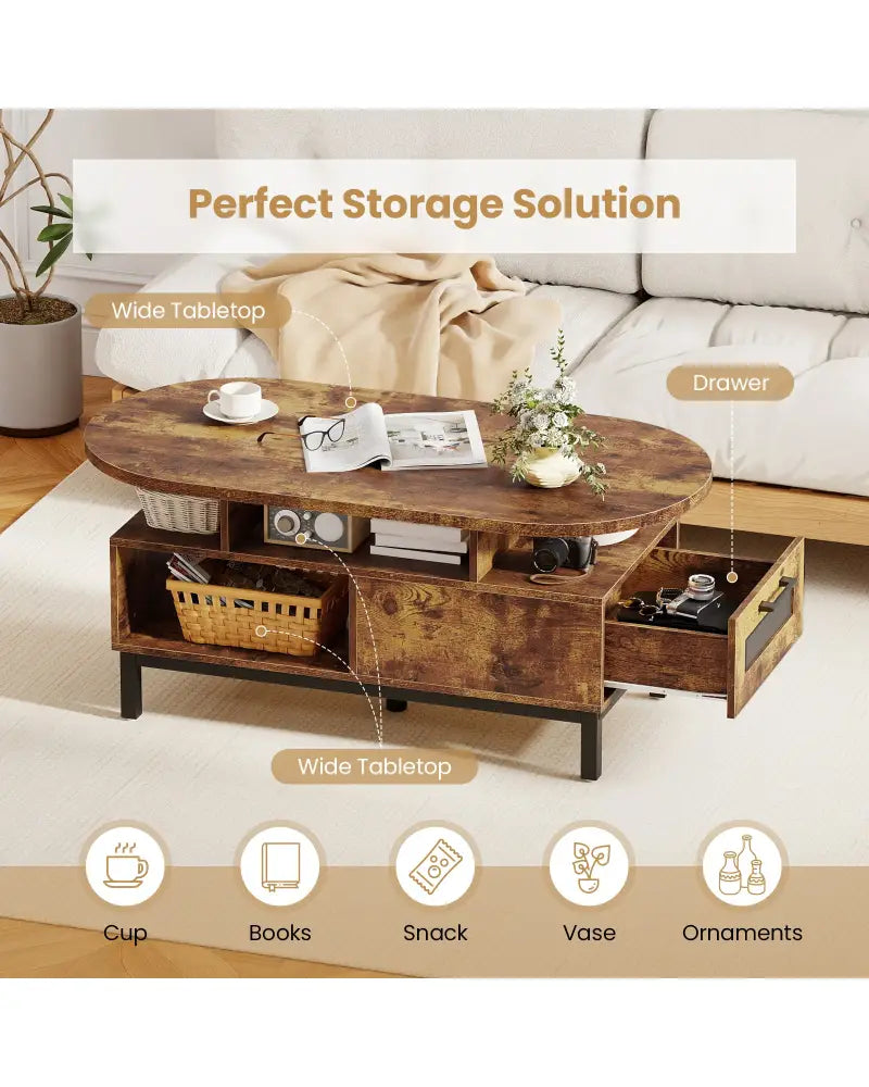 47 Inch Oval Coffee Table with Storage and Open Compartments for Living Room-Rustic Brown - Rustic Brown - Coffee Tables