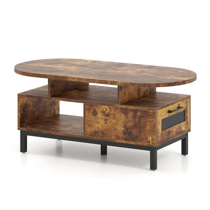 47 Inch Oval Coffee Table with Storage and Open Compartments for Living Room-Rustic Brown Costway