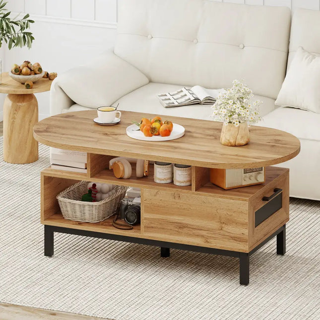 47 Inch Oval Coffee Table with Storage and Open Compartments for Living Room-Natural Costway