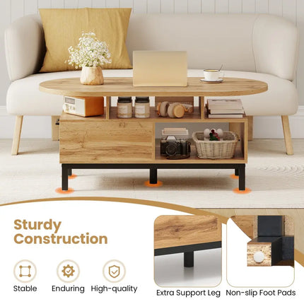 47 Inch Oval Coffee Table with Storage and Open Compartments for Living Room-Natural Costway