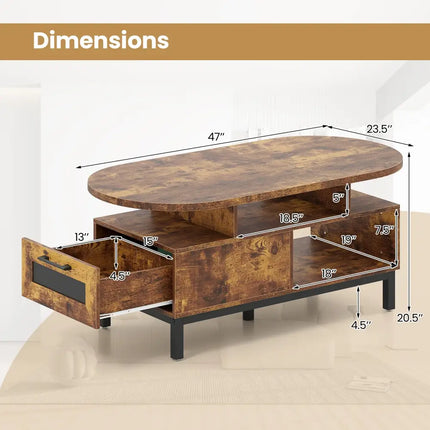 47 Inch Oval Coffee Table with Storage and Open Compartments for Living Room-Rustic Brown Costway