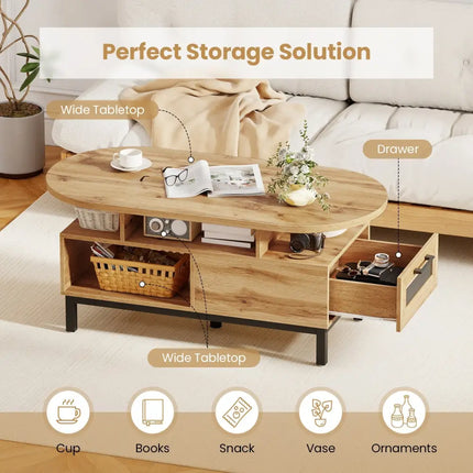 47 Inch Oval Coffee Table with Storage and Open Compartments for Living Room-Natural Costway