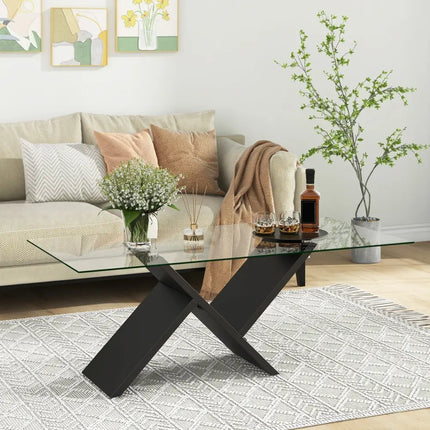 47 Inch Rectangle Glass Coffee Table Modern Center Table with Tempered Glass Tabletop-Black Costway
