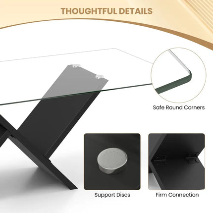 47 Inch Rectangle Glass Coffee Table Modern Center Table with Tempered Glass Tabletop-Black Costway