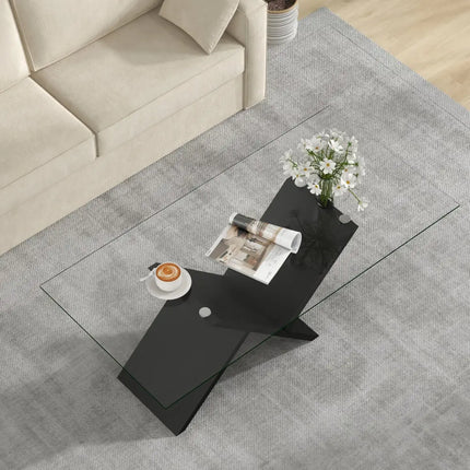47 Inch Rectangle Glass Coffee Table Modern Center Table with Tempered Glass Tabletop-Black Costway