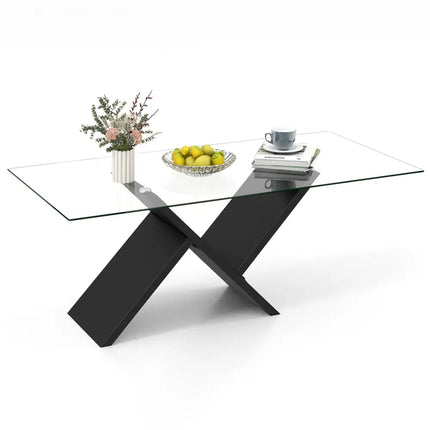 47 Inch Rectangle Glass Coffee Table Modern Center Table with Tempered Glass Tabletop-Black Costway