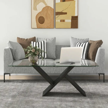 47 Inch Rectangle Glass Coffee Table Modern Center Table with Tempered Glass Tabletop-Black Costway
