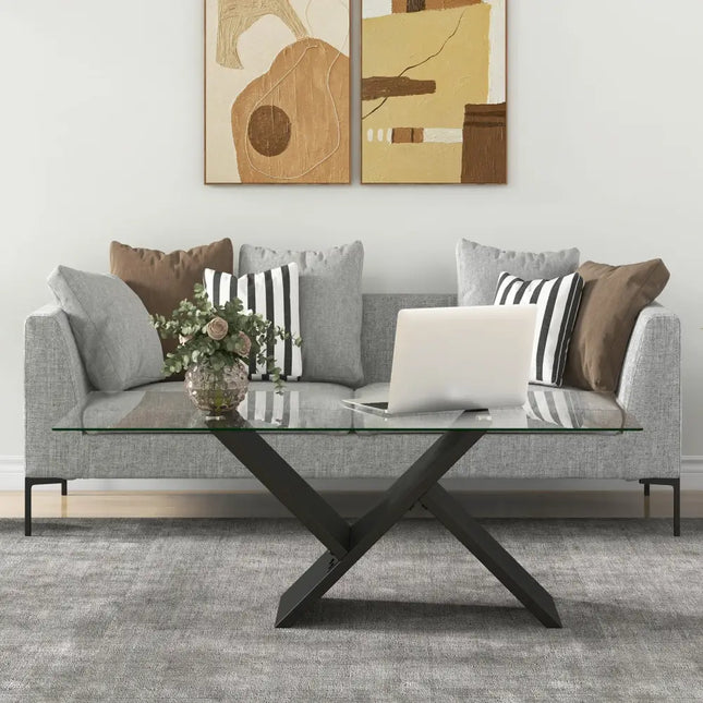 47 Inch Rectangle Glass Coffee Table Modern Center Table with Tempered Glass Tabletop-Black Costway