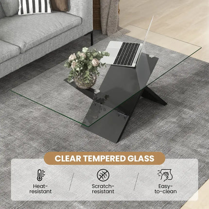 47 Inch Rectangle Glass Coffee Table Modern Center Table with Tempered Glass Tabletop-Black Costway