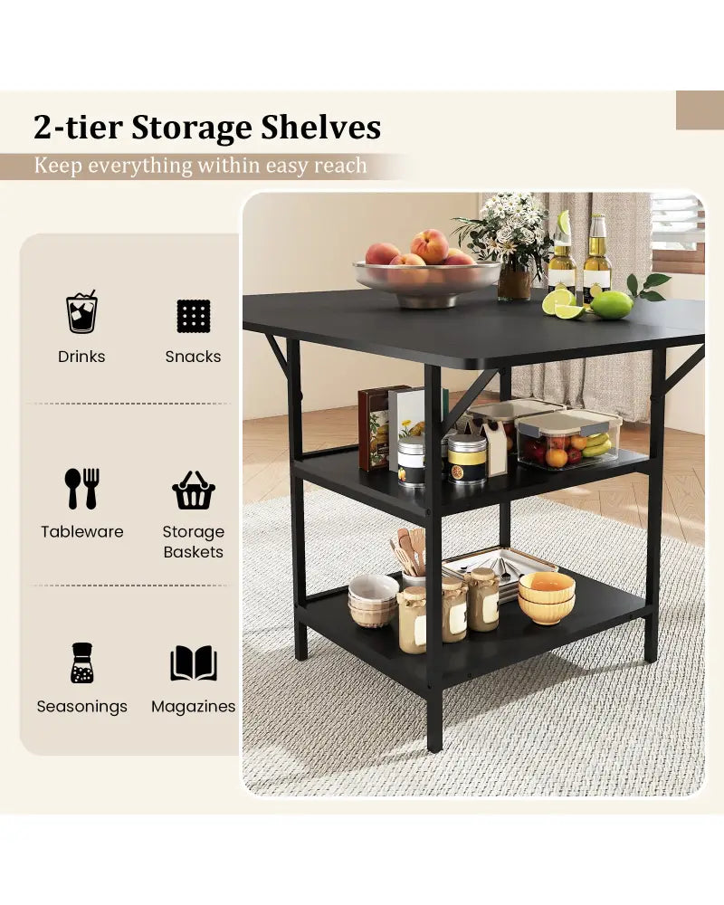 47 Inch Rectangular Dining Table with 2 Open Storage Shelves and Sturdy Metal Legs for 4-6-Black - Black - Dining Tables