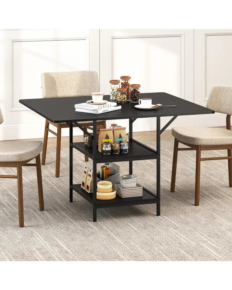 47 Inch Rectangular Dining Table with 2 Open Storage Shelves and Sturdy Metal Legs for 4-6-Black - Black - Dining Tables