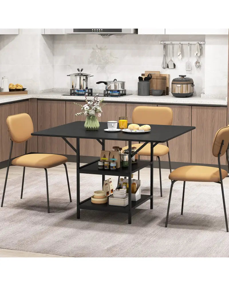 47 Inch Rectangular Dining Table with 2 Open Storage Shelves and Sturdy Metal Legs for 4-6-Black - Black - Dining Tables