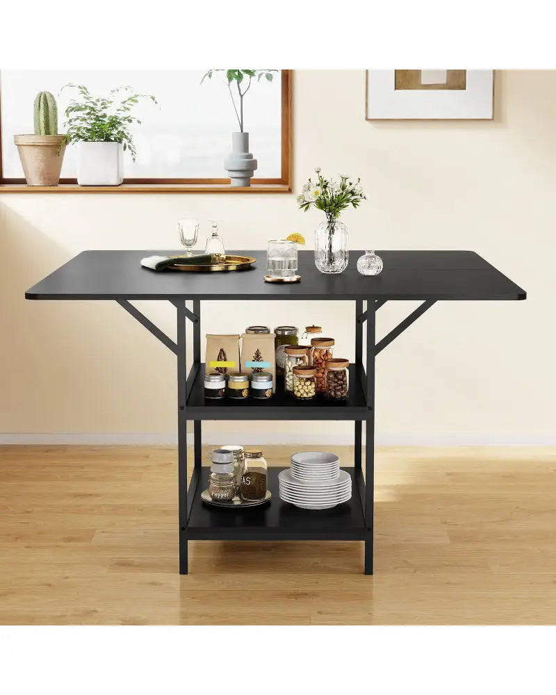47 Inch Rectangular Dining Table with 2 Open Storage Shelves and Sturdy Metal Legs for 4-6-Black - Black - Dining Tables