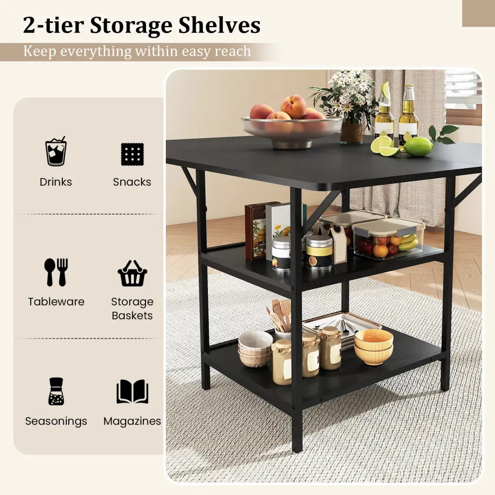 47 Inch Rectangular Dining Table with 2 Open Storage Shelves and Sturdy Metal Legs for 4-6-Black - Black - Dining Tables