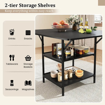 47 Inch Rectangular Dining Table with 2 Open Storage Shelves and Sturdy Metal Legs for 4-6-Black Costway
