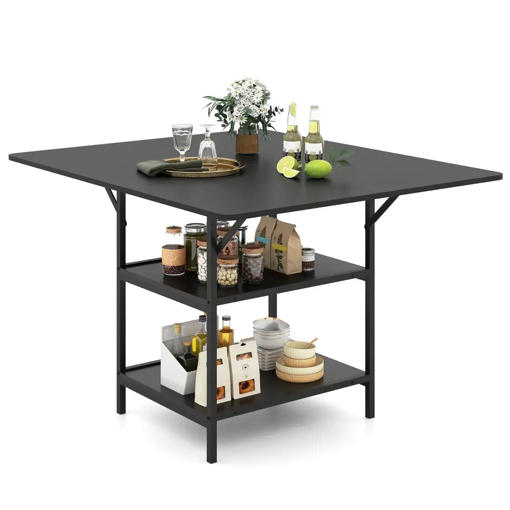 47 Inch Rectangular Dining Table with 2 Open Storage Shelves and Sturdy Metal Legs for 4-6-Black - Black - Dining Tables