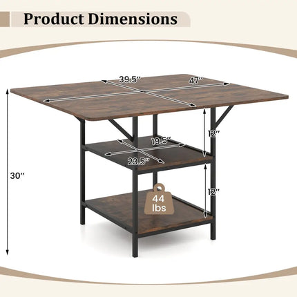 47 Inch Rectangular Dining Table with 2 Open Storage Shelves and Sturdy Metal Legs for 4-6-Rustic Brown Costway