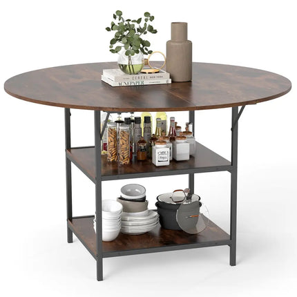 47 Inch Round Dining Table for 4-6 People Large Kitchen Table with 2-Tier Storage Shelves-Rustic Brown Costway