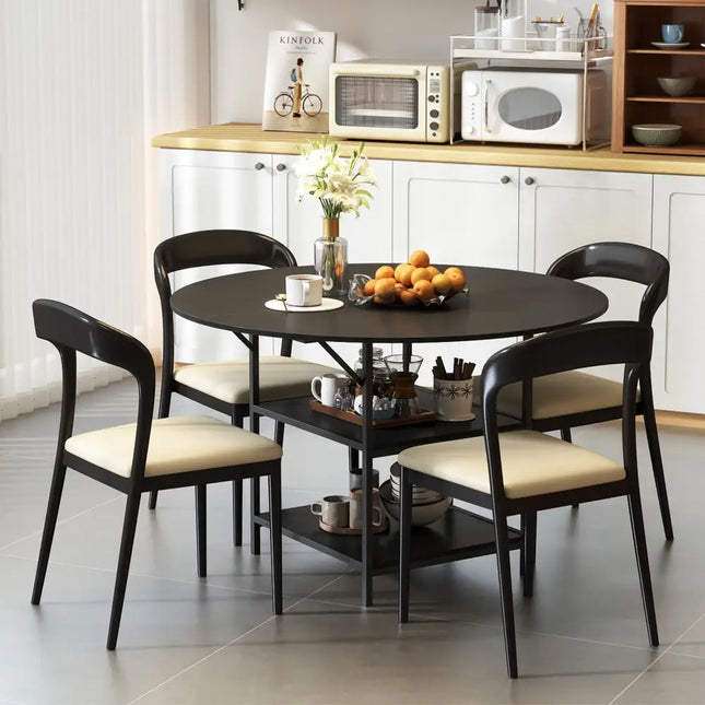 47 Inch Round Dining Table for 4-6 People Large Kitchen Table with 2-Tier Storage Shelves-Black Costway