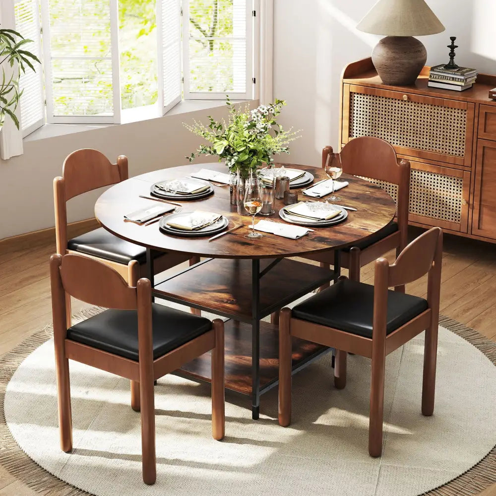 47 Inch Round Dining Table for 4-6 People Large Kitchen Table with 2-Tier Storage Shelves-Rustic Brown - Rustic Brown