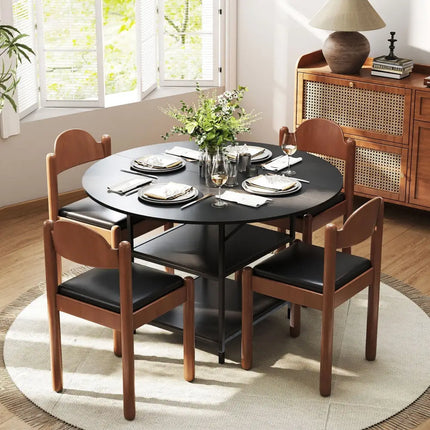 47 Inch Round Dining Table for 4-6 People Large Kitchen Table with 2-Tier Storage Shelves-Black Costway