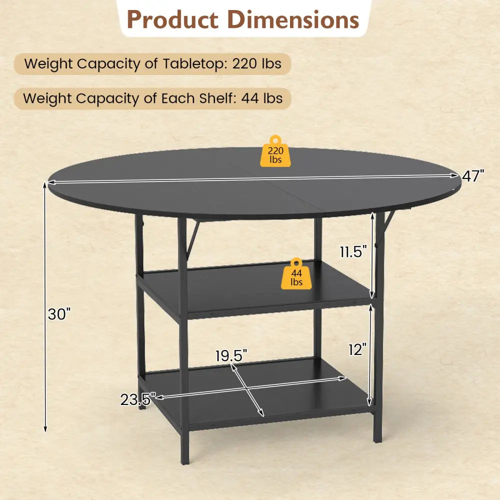 47 Inch Round Dining Table for 4-6 People Large Kitchen Table with 2-Tier Storage Shelves-Black - Black - Dining Tables