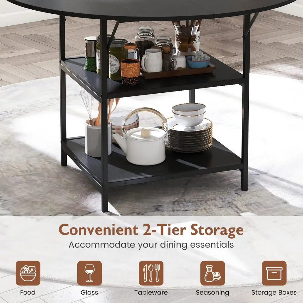 47 Inch Round Dining Table for 4-6 People Large Kitchen Table with 2-Tier Storage Shelves-Black - Black - Dining Tables