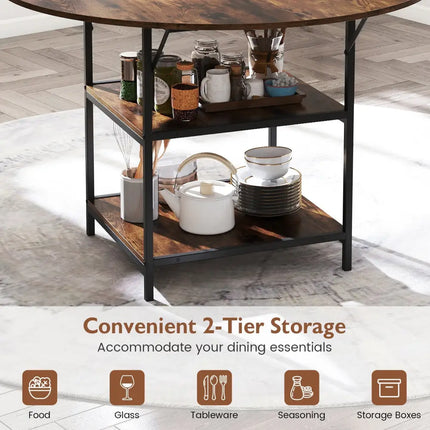 47 Inch Round Dining Table for 4-6 People Large Kitchen Table with 2-Tier Storage Shelves-Rustic Brown Costway