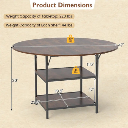 47 Inch Round Dining Table for 4-6 People Large Kitchen Table with 2-Tier Storage Shelves-Rustic Brown Costway