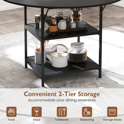 47 Inch Round Dining Table for 4-6 People Large Kitchen Table with 2-Tier Storage Shelves-Black Costway