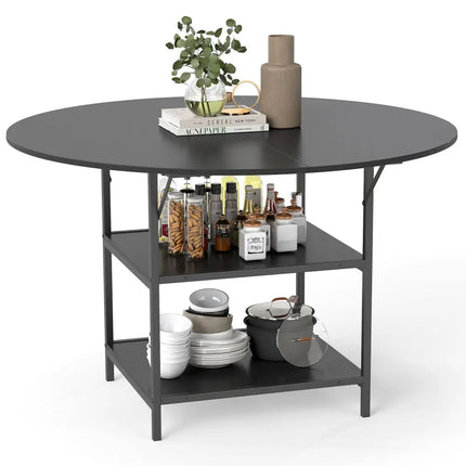 47 Inch Round Dining Table for 4-6 People Large Kitchen Table with 2-Tier Storage Shelves-Black Costway