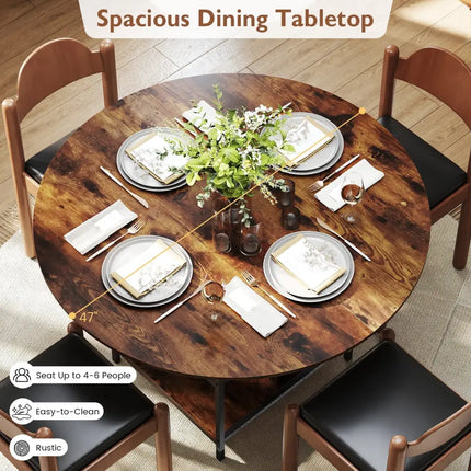 47 Inch Round Dining Table for 4-6 People Large Kitchen Table with 2-Tier Storage Shelves-Rustic Brown Costway