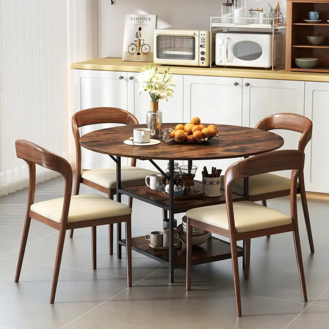 47 Inch Round Dining Table for 4-6 People Large Kitchen Table with 2-Tier Storage Shelves-Rustic Brown Costway