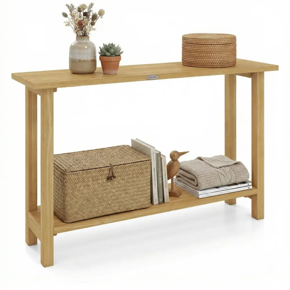 47 Inch Solid Wood Console Table with Teak Wood Frame and Storage Shelf - Natural - Console Tables
