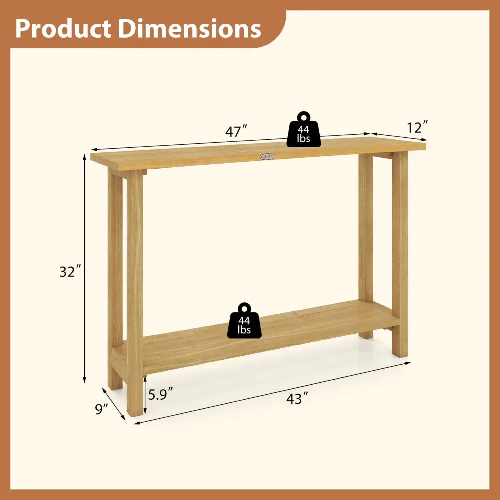 47 Inch Solid Wood Console Table with Teak Wood Frame and Storage Shelf - Natural - Console Tables