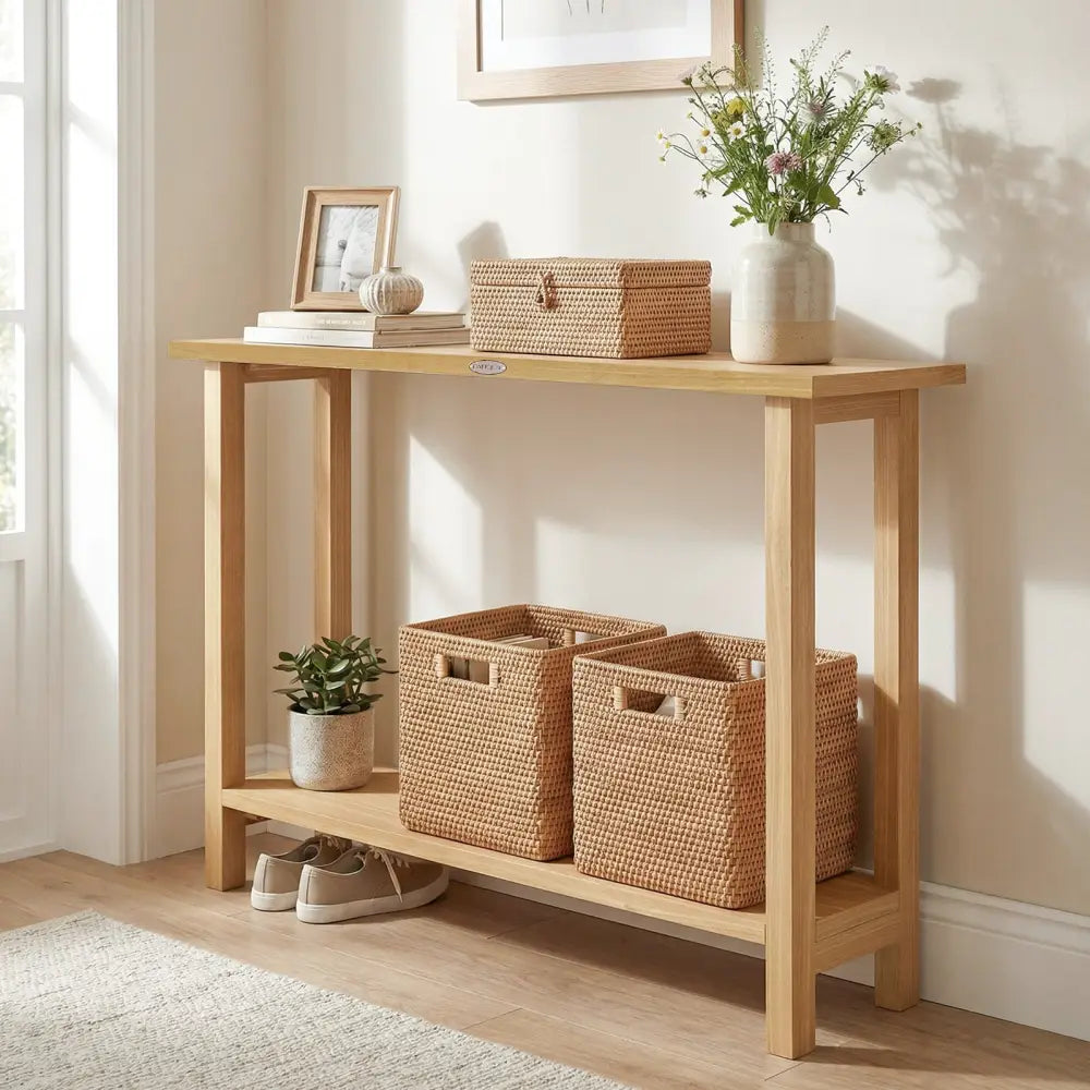 47 Inch Solid Wood Console Table with Teak Wood Frame and Storage Shelf - Natural - Console Tables