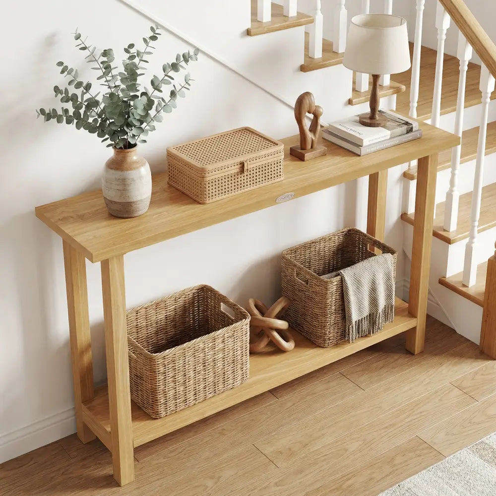 47 Inch Solid Wood Console Table with Teak Wood Frame and Storage Shelf - Natural - Console Tables