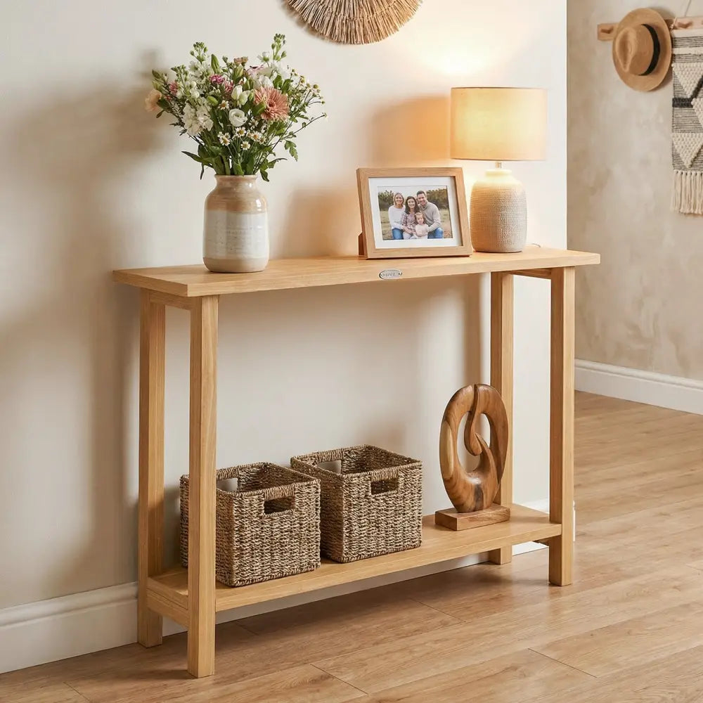 47 Inch Solid Wood Console Table with Teak Wood Frame and Storage Shelf - Natural - Console Tables