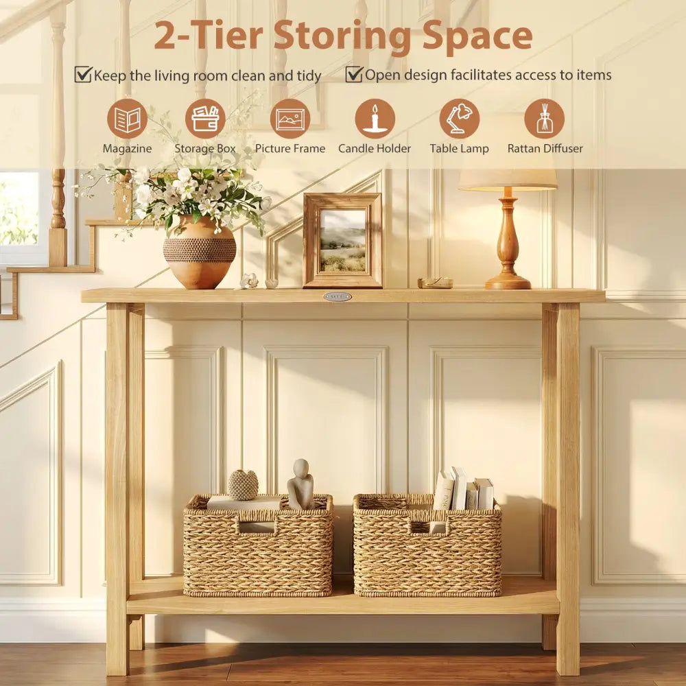 47 Inch Solid Wood Console Table with Teak Wood Frame and Storage Shelf - Natural - Console Tables