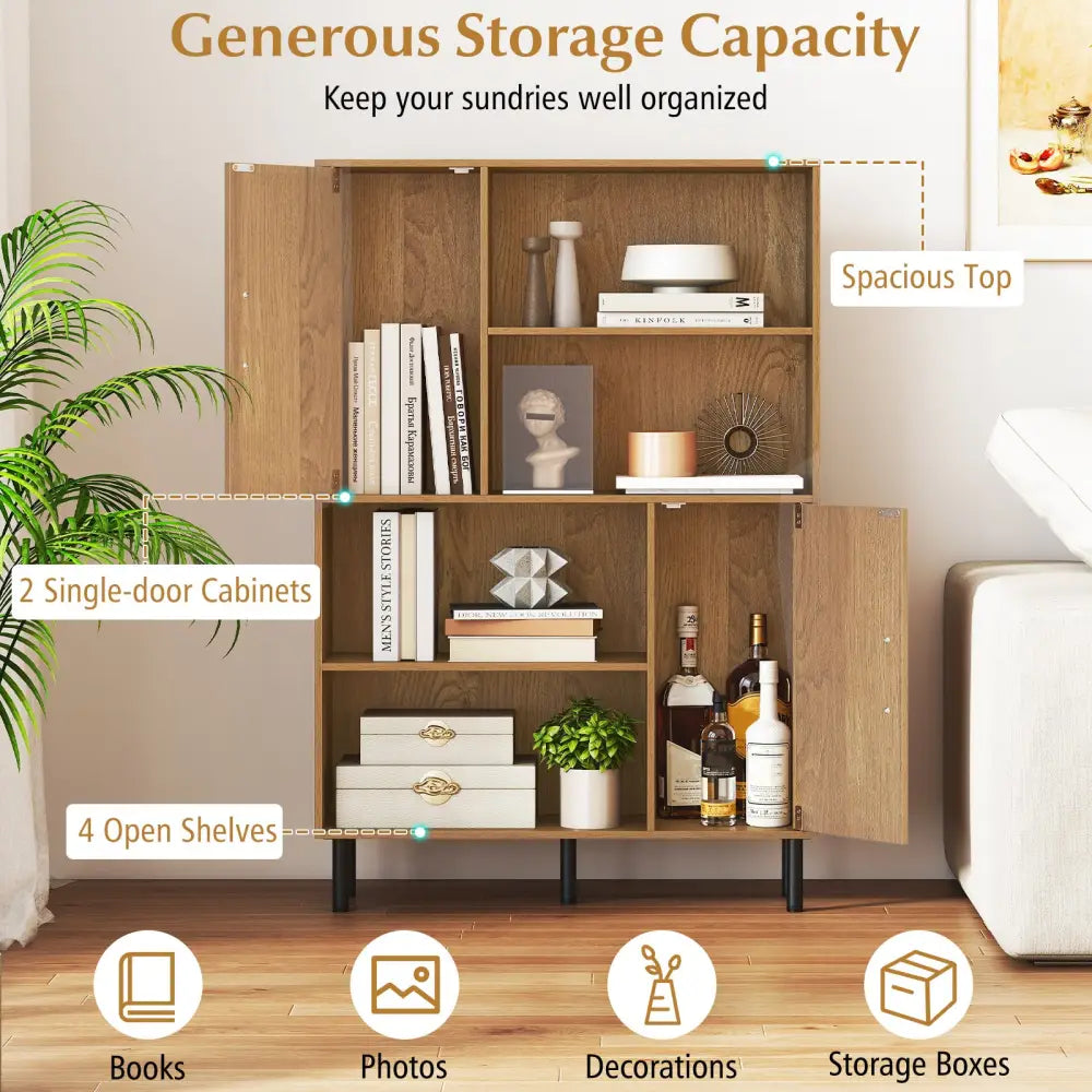 47 Inch Storage Cabinet Freestanding Bookcase with 2 Doors and 4 Open Shelves-Natural - Natural - Bookcases