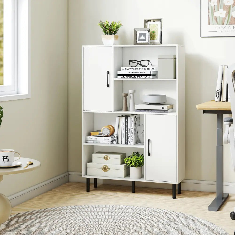 47 Inch Storage Cabinet Freestanding Bookcase with 2 Doors and 4 Open Shelves-White - White - Bookcases