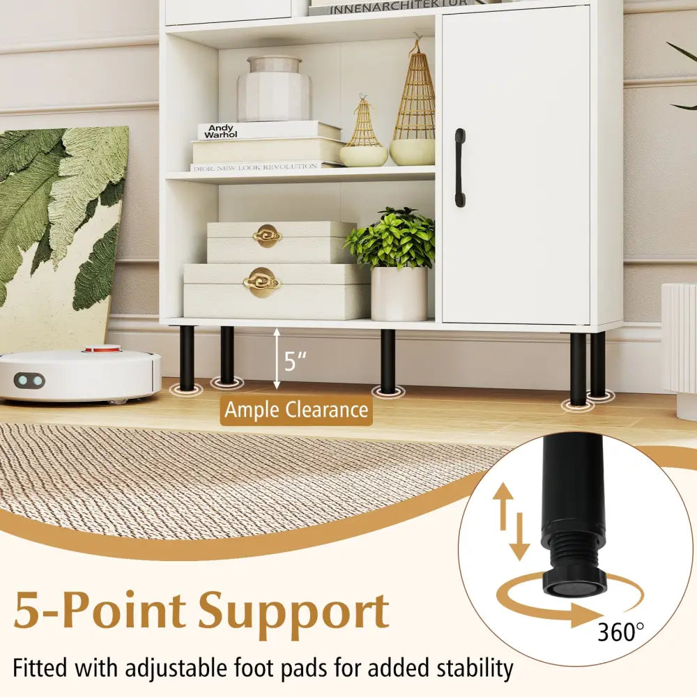 47 Inch Storage Cabinet Freestanding Bookcase with 2 Doors and 4 Open Shelves-White - White - Bookcases
