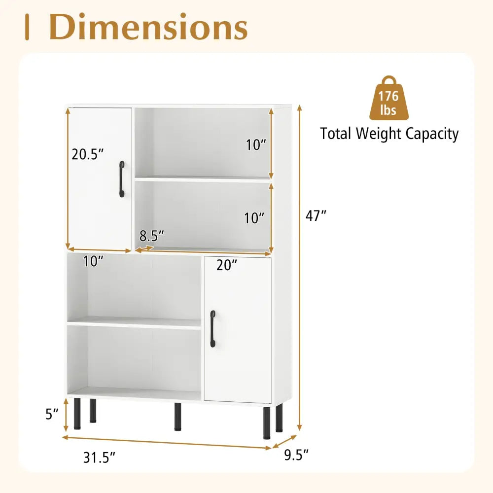 47 Inch Storage Cabinet Freestanding Bookcase with 2 Doors and 4 Open Shelves-White - White - Bookcases