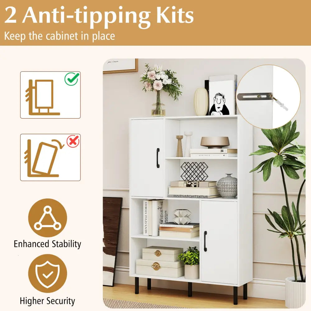 47 Inch Storage Cabinet Freestanding Bookcase with 2 Doors and 4 Open Shelves-White - White - Bookcases
